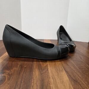 CROCS Black Patent Cap Toe Wedge Platforms High Heels Shoes Womens Sz 10